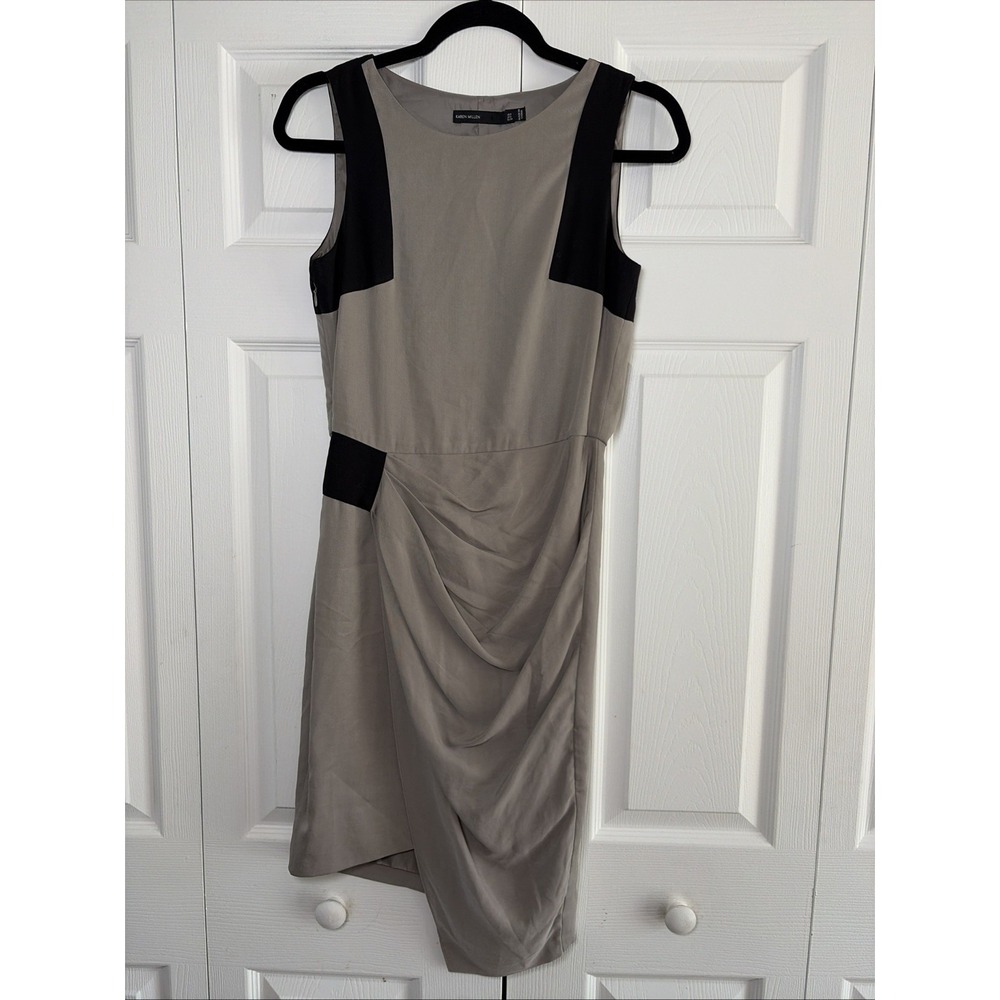Karen Millen Colorblock Draped Sheath Dress Womens Size 2 Gray Black Silk Blend